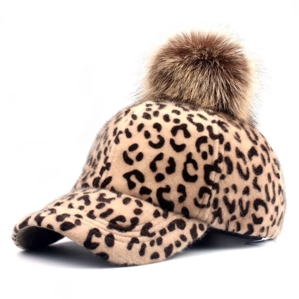 Leopard Print Cap with Faux Fur Pom Perfect condition Never Worn